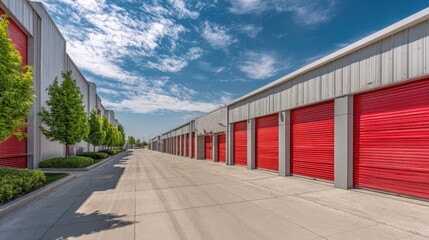 Row of Bright Red Storage Units on a Sunny Day for Commercial or Residential Use