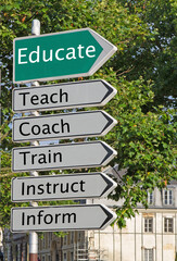 Obraz premium A concept road sign pointing in the direction of 'Educate' with some descriptive words underneath