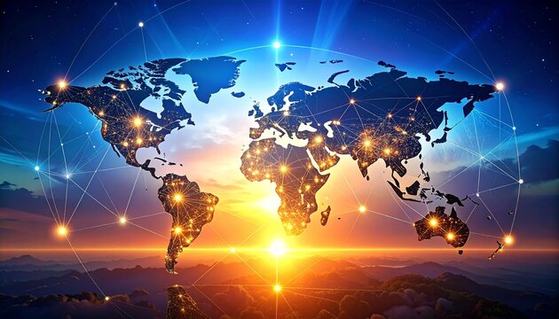 Global mobile connectivity illustration — world map made of glowing dots and lines, smartphones at nodes, warm-to-cool gradient background”