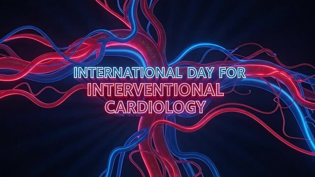 3D glowing text for International Day of Interventional Cardiology with abstract veins and arteries