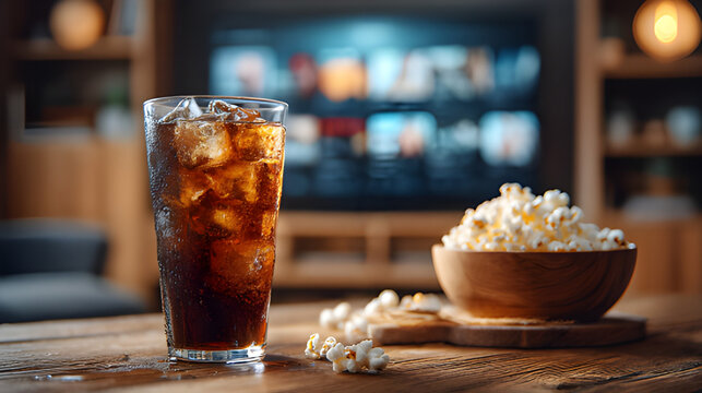 Cozy and comfortable atmosphere with iced cola, bowl of popcorn and TV entertainment show on a table blurred background. Snack choice entertainment, tailgating cheers. 