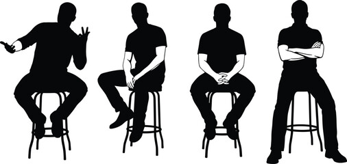 Silhouette people sitting on stools, body language poses, black and white vector illustration, minimal design, nonverbal communication concept art