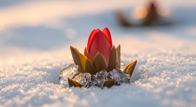 Blooming Close-Up Macro shot of first flower bud breaking through snow, glowing morning light.