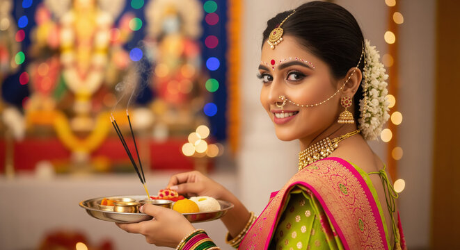 young indian woman holding pooja thali doing pooja on diwali festival at home