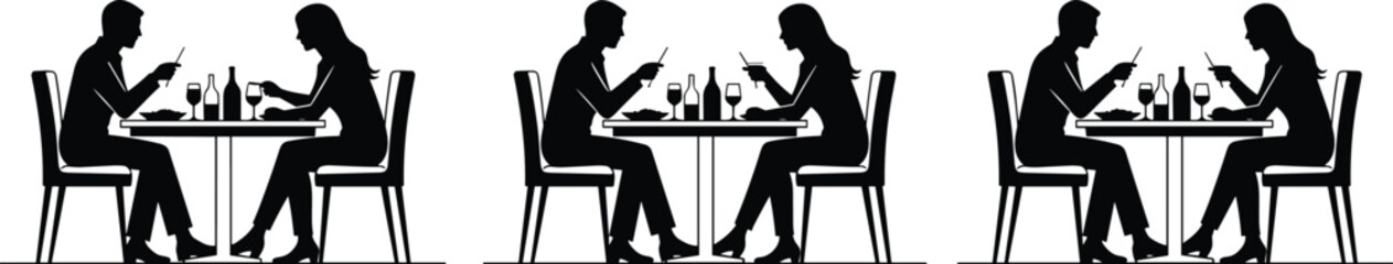 Fototapeta premium Silhouettes of couples dining with smartphones, modern social behavior, technology distraction, repetition concept, white background, interpersonal disconnect, minimal art