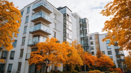 Modern apartment building exterior in autumn with golden trees and blue sky providing stunning seasonal residential architecture