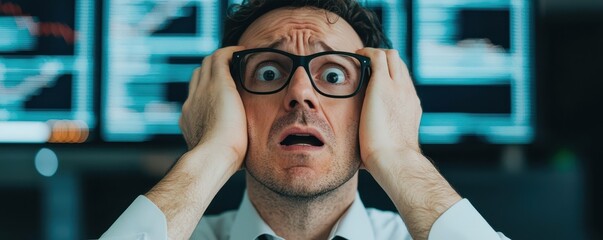 A stressed man with glasses holds his head in despair while looking at financial data screens, reflecting anxiety in a high-pressure environment.