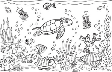 Marine creatures coloring book illustration