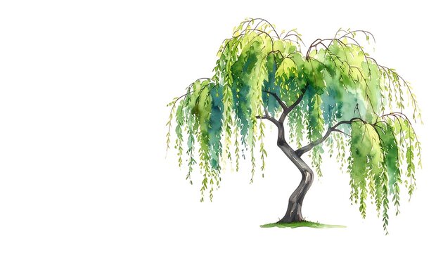 Watercolor illustration of a weeping willow tree