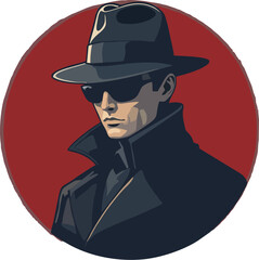 Stylish Noir Spy Character in Black Fedora and Trench Coat on Red Circle