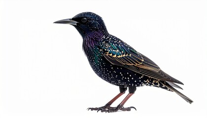 Starling bird with glossy black feathers pointed beak small sleek body perched songbird isolated on white background
