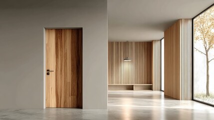 Obraz premium Modern Interior with Wooden Door, Window, and Concrete Floor: Minimalist Design for Architecture and Real Estate