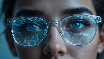 Close-up of Young Woman with Smart Glasses Displaying Digital Circuit Design