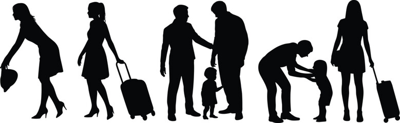 Business people silhouette, woman with suitcase, family with child, parent and child interaction, travel, airport, journey, departure, communication, connection, black vector