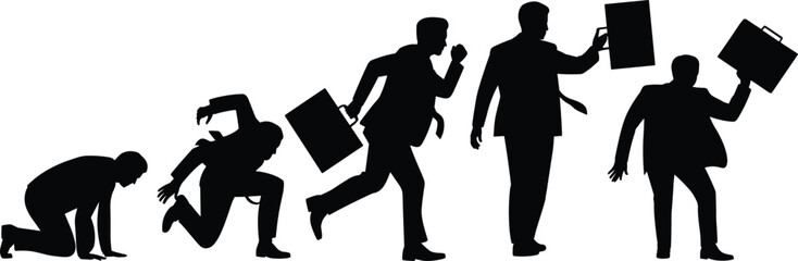 Businessman career progression silhouette, evolution from crawling to standing, running with briefcase, professional success journey, corporate growth, dynamic business concept