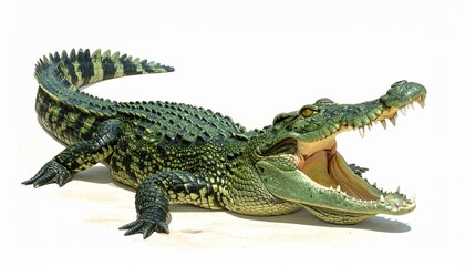 Naklejka premium Crocodile with scaly green skin long powerful tail sharp teeth aquatic reptile predator animal isolated on white background 
