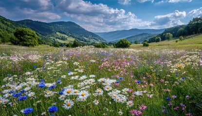 Obraz premium Lush meadow bursting with wildflowers, mountains in background