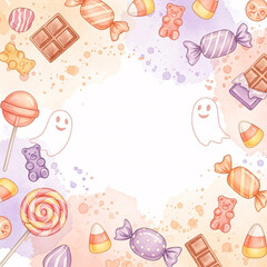 Whimsical watercolor frame filled with colorful halloween candies, lollipops, and gummy bears