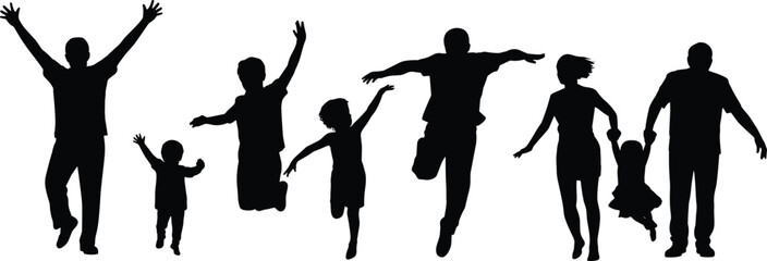 Happy family silhouette, parents and children jumping, joyful outdoor activity, togetherness, fun moments, celebration, playful kids, happiness, black vector illustration
