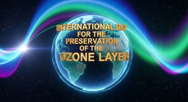 Golden cinematic text “International Day for the Preservation of the Ozone Layer” hovering above holographic rotating earth with aurora-like light wave behind