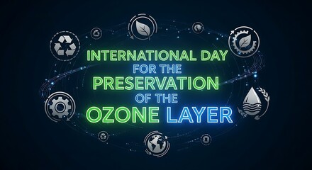 Bold glowing text “International Day for the Preservation of the Ozone Layer” surrounded by recycling icons spinning in light particles, futuristic clean theme