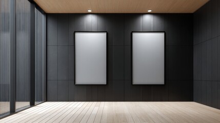 Obraz premium Modern Interior Design with Two Blank Frames on Dark Wall for Art Mockups and Presentations