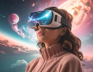 VRデバイスと仮想世界を3D風に表現、宇宙の光を映すヘッドセットと女性の没入体験ビジュアル