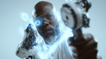 mechanic is skillfully repairing vehicle using holographic schematic interface