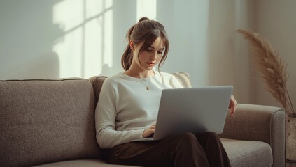 Naklejka premium Realistic Stock Photo of Woman Working on Laptop Near Window