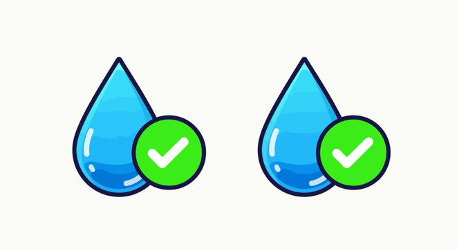 Two Shiny Blue Water Drops with Green Checkmarks Indicating Purity and Cleanliness for a Healthy Lifestyle and Environment