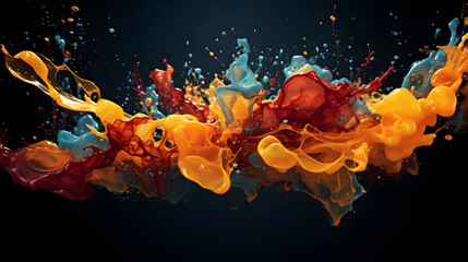 Colorful paint splashes create dynamic movement in an abstract composition with bold hues and fluid forms