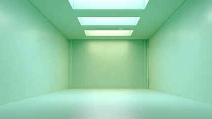 Green Illuminated Empty Room Interior: Modern Architectural Space with Minimalist Design and Unique Lighting Fixtures