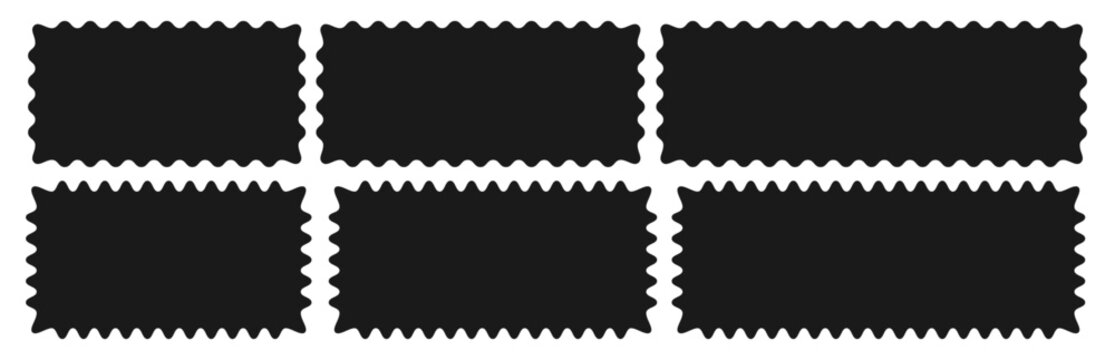  Collection of rectangular shapes with wiggly, wavy, curvy outlines. Vector flat frames scallop labels, tags, coupons, stamps with squiggly borders on white background for packaging and branding