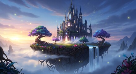 Floating Castle Island in Dreamy Cloudscape.