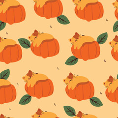 seamless pattern cute cartoon cat on the top of pumpkin. cute pattern for autumn vibe