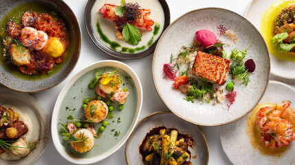 An overhead shot of various plated dishes of seafood and vegetables