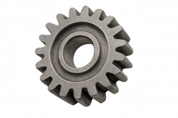 Spinning metallic gear against transparent backdrop, showcasing precision engineering and mechanical complexity