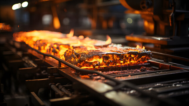 Molten metal being poured in foundry during a bright, fiery process of metal casting in a workshop environment