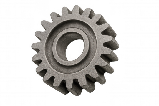 Spinning metallic gear against transparent backdrop, showcasing precision engineering and mechanical complexity