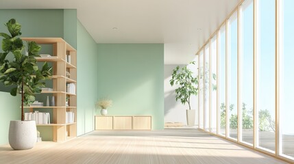 Modern Living Room Interior with Green Walls, Hardwood Flooring and Natural Light, Minimalist Design