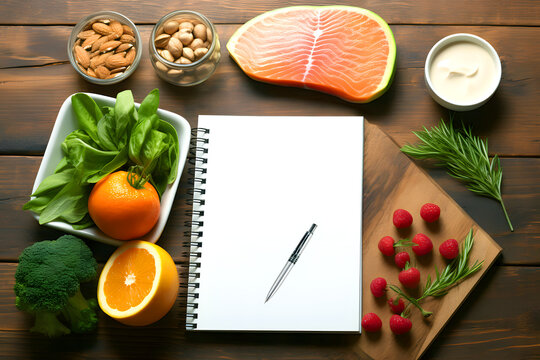 Colorful arrangement of fresh fruits and vegetables with a blank notebook and pen on a wooden table
