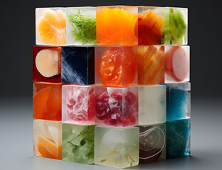 Variety of colorful soap bars arranged in a creative display at a craft fair in a sunny afternoon