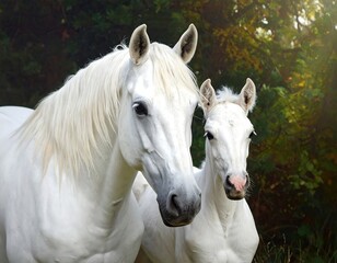 Obraz premium Elegance and grace: A majestic white mare and her young foal together