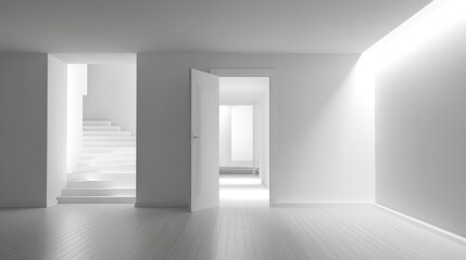 Obraz premium Bright Modern Interior with Open Door and Staircase, Clean White Architecture, Minimalist Design