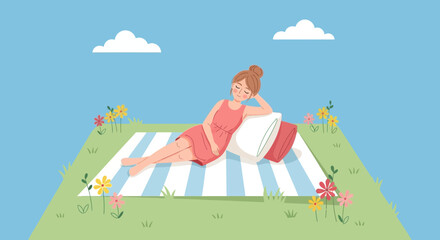 Fototapeta premium Woman relaxing in nature enjoying a beautiful day with flowers and sky in the background