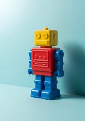 Fototapeta premium Playful toy robot figure casting a shadow on a blue gradient backdrop