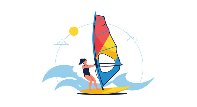 Windsurfing illustration with woman on the water engaged in watersport activities