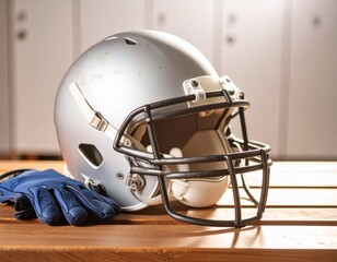 Fototapeta premium American Football Helmet and Gloves on Bench in Locker Room.