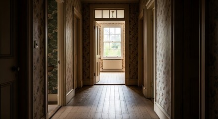 Bright Empty Hallway in Vintage House with Natural Light Streaming Through Window