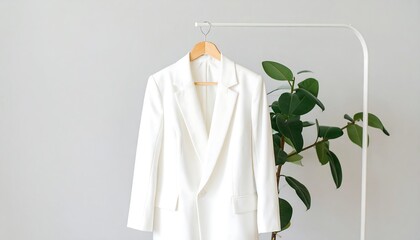 White blazer on hanger, plant background